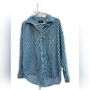 Brunette The Label Oversized Green Striped Button Down Cotton Shirt S/M P Great